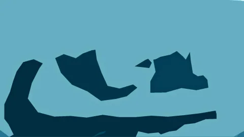 Abstrakte Komposition aus dunkelblauen, unregelmäßigen Formen auf hellblauem Hintergrund, unten ein breiter dunkler Balken.
