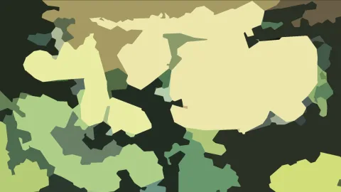 Abstraktes Bild aus grünen, beigen und dunklen organischen Flächen, die an ein Tarnmuster erinnern.