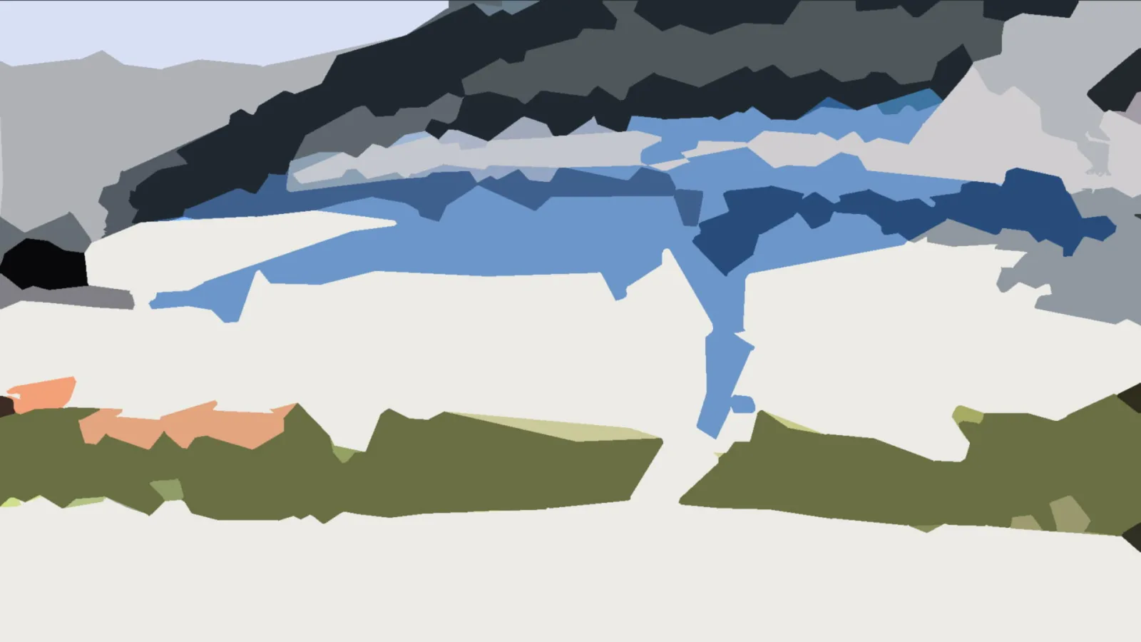 Abstrakte Landschaft aus flachen Farbflächen: dunkle Berge oben, ein blaues Gewässer in der Mitte, weiße Schneeflächen und olivgrüne Büsche am unteren Rand.