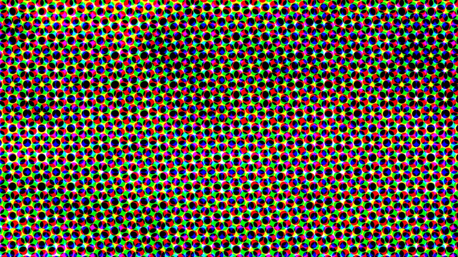 Dichtes Raster aus farbig gefleckten Kreisen auf grünem Grund, dazwischen Schwarz, Rot, Blau und Gelb.