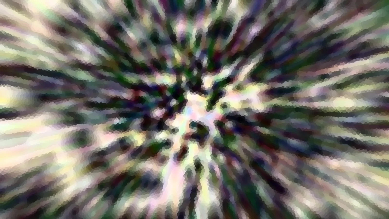 Abstraktes Bild mit radial von der Mitte nach außen verlaufenden Streifen in Grün, Weiß, Violett und Pink, aus kleinen Farbquadraten zusammengesetzt.