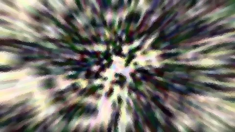 Abstraktes Bild mit radial von der Mitte nach außen verlaufenden Streifen in Grün, Weiß, Violett und Pink, aus kleinen Farbquadraten zusammengesetzt.