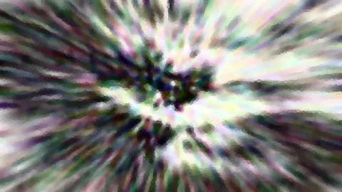 Abstraktes Bild mit bunten, radial von einem dunklen Zentrum nach außen laufenden Schlieren, grob pixelig