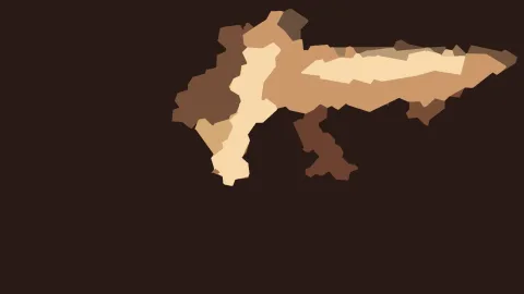 Abstrakte Komposition aus braunen und beigen Flächen auf dunklem Hintergrund, die Formen sind kantig und ineinander verschachtelt.