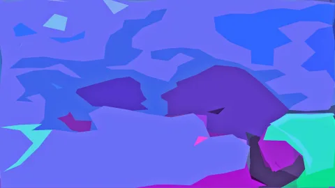 Abstrakte Komposition aus flachen, kantigen Formen in Blau, Violett, Türkis und Magenta.