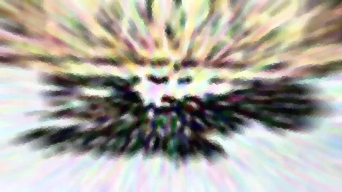 Abstrakte, radial verzerrte Mosaikstruktur in Pastellfarben mit dunklem Zentrum, das an ein Gesicht erinnert.