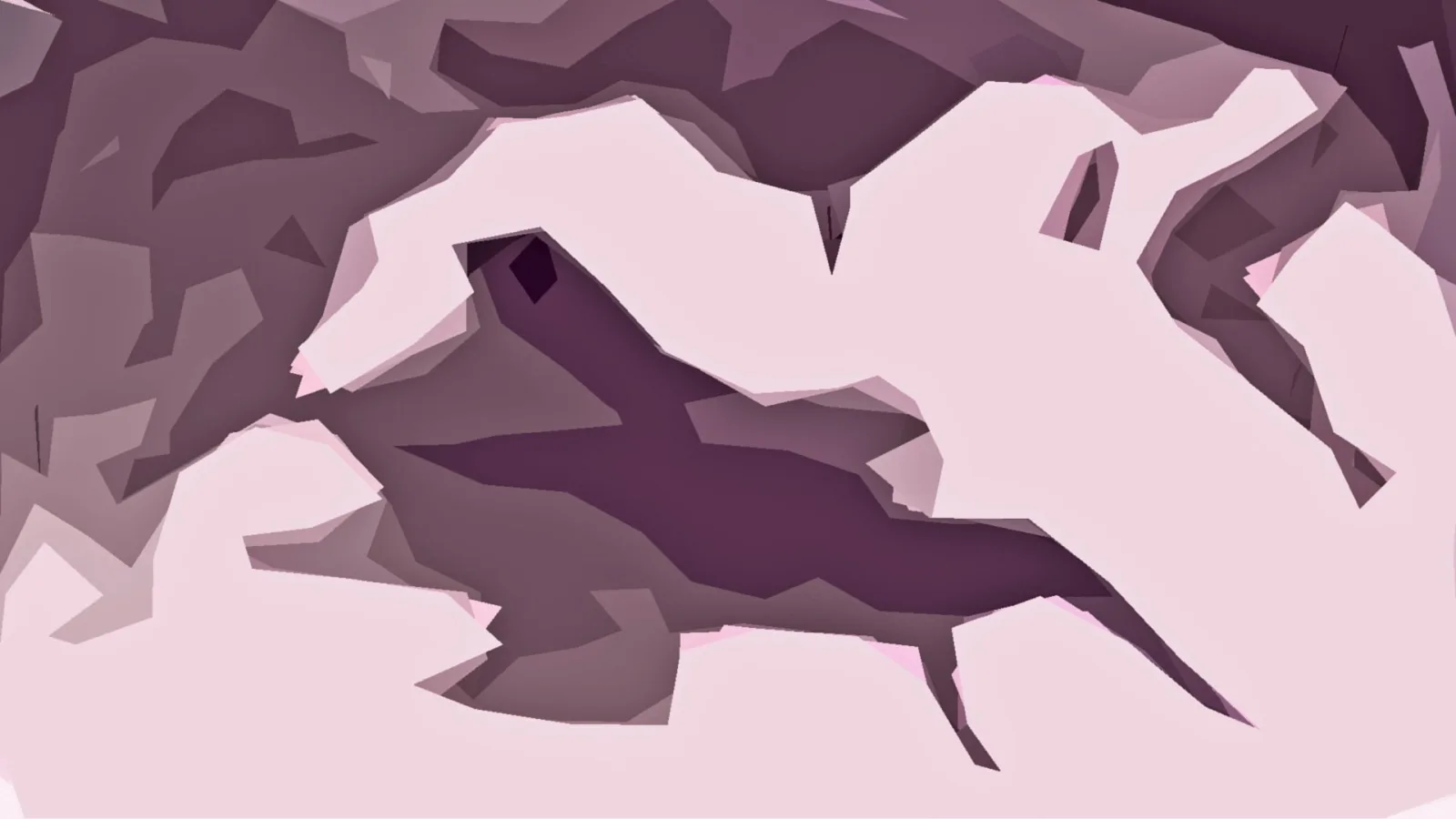 Abstrakte Komposition aus kantigen Flächen in Rosa und Dunkelviolett, in der Mitte eine helle Pferdesilhouette, die nach rechts galoppiert.