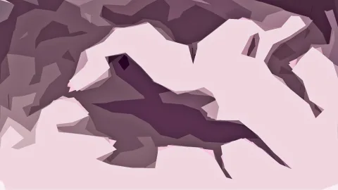 Abstrakte Komposition aus kantigen Flächen in Rosa und Dunkelviolett, in der Mitte eine helle Pferdesilhouette, die nach rechts galoppiert.