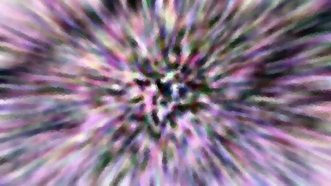 Abstrakte Komposition aus lila, rosa und dunkelgrünen Streifen, die von einem zentralen Punkt nach außen strahlen, mosaikartig gepixelt.