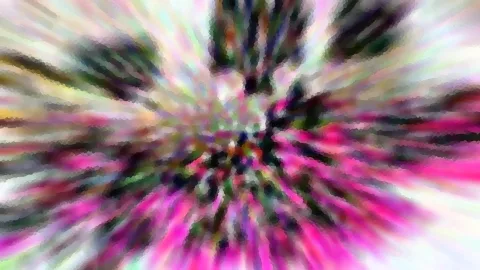Abstrakte Komposition aus pinken, grünen und dunklen Streifen, die vom Bildmittelpunkt radial nach außen strahlen.