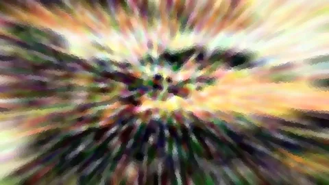 Abstrakte Komposition aus bunten Streifen, die radial von einem hellen Zentrum nach außen laufen, mit mosaikartiger Pixelstruktur.