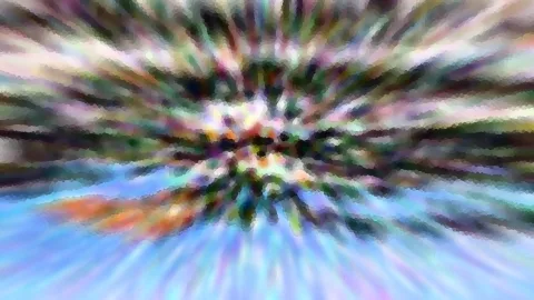 Abstrakte Komposition aus bunten, verwischten Farbstreifen, die von einem Zentrum in der Bildmitte nach außen strahlen, unten dominiert helles Blau.