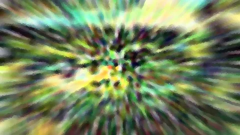 Abstrakte Komposition aus radial von einem Zentrum ausstrahlenden, verwischten Streifen in Grün, Gelb, Weiß und Dunkelblau mit körnigen Pixelstrukturen.