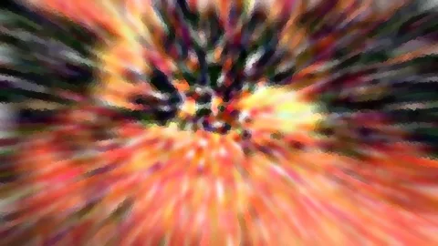 Abstrakte Aufnahme mit radialem Zoomeffekt: Farbstreifen in Orange, Gelb, Rot und Dunkelgrün strahlen von einem hellen Zentrum nach außen, die Kanten sind mosaikartig verpixelt.