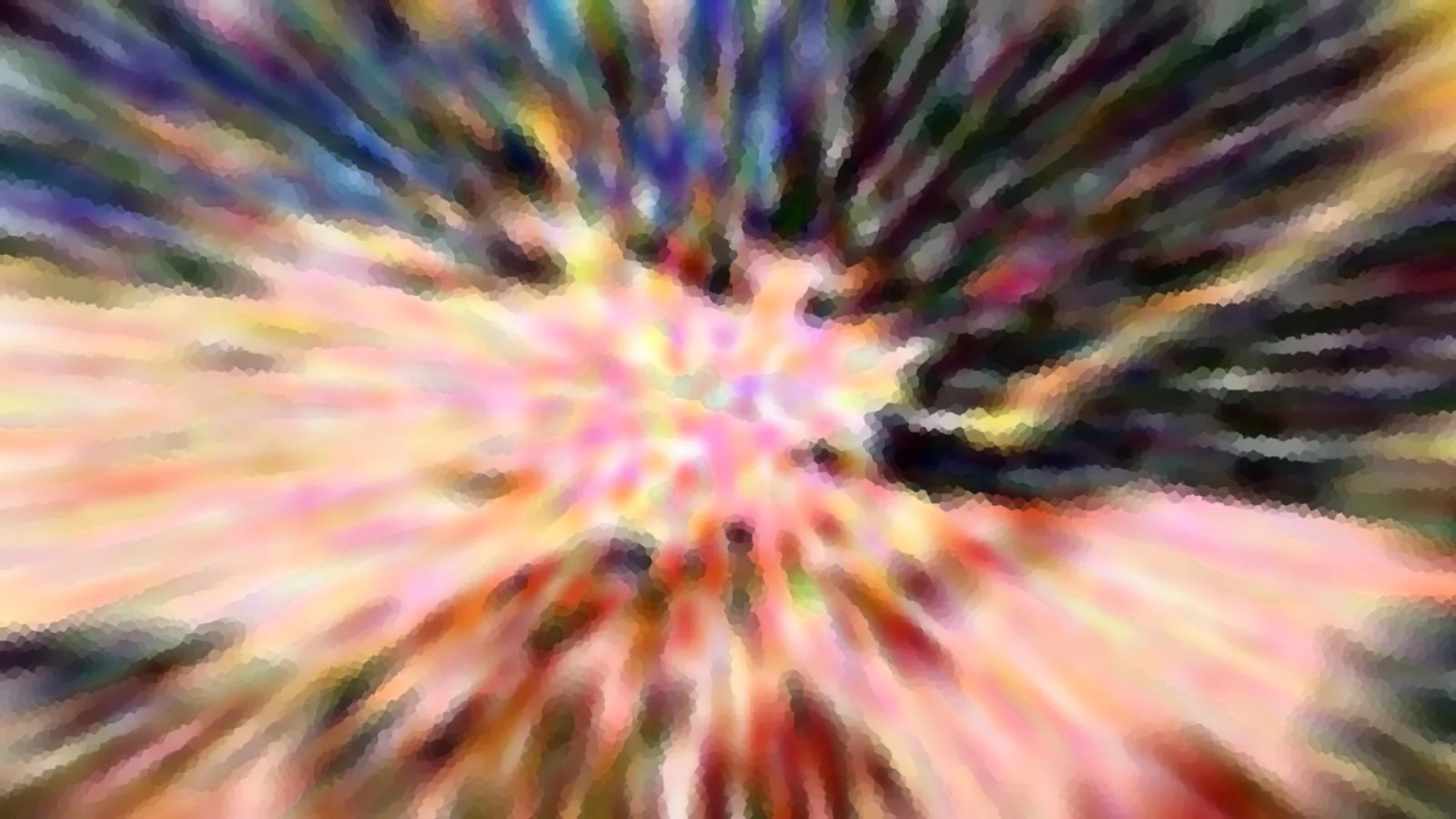 Abstraktes Bild mit verwischten Farbstreifen in Rosa, Orange, Blau und Schwarz, die radial von der Mitte nach außen laufen.