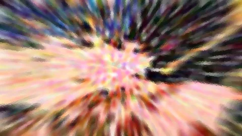 Abstraktes Bild mit verwischten Farbstreifen in Rosa, Orange, Blau und Schwarz, die radial von der Mitte nach außen laufen.