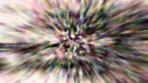 Abstraktes Bild mit radial von der Mitte nach außen laufenden, bunten Streifen in Grün, Rosa, Violett und Weiß, die aus einem Mosaik aus kleinen Pixelblöcken bestehen.