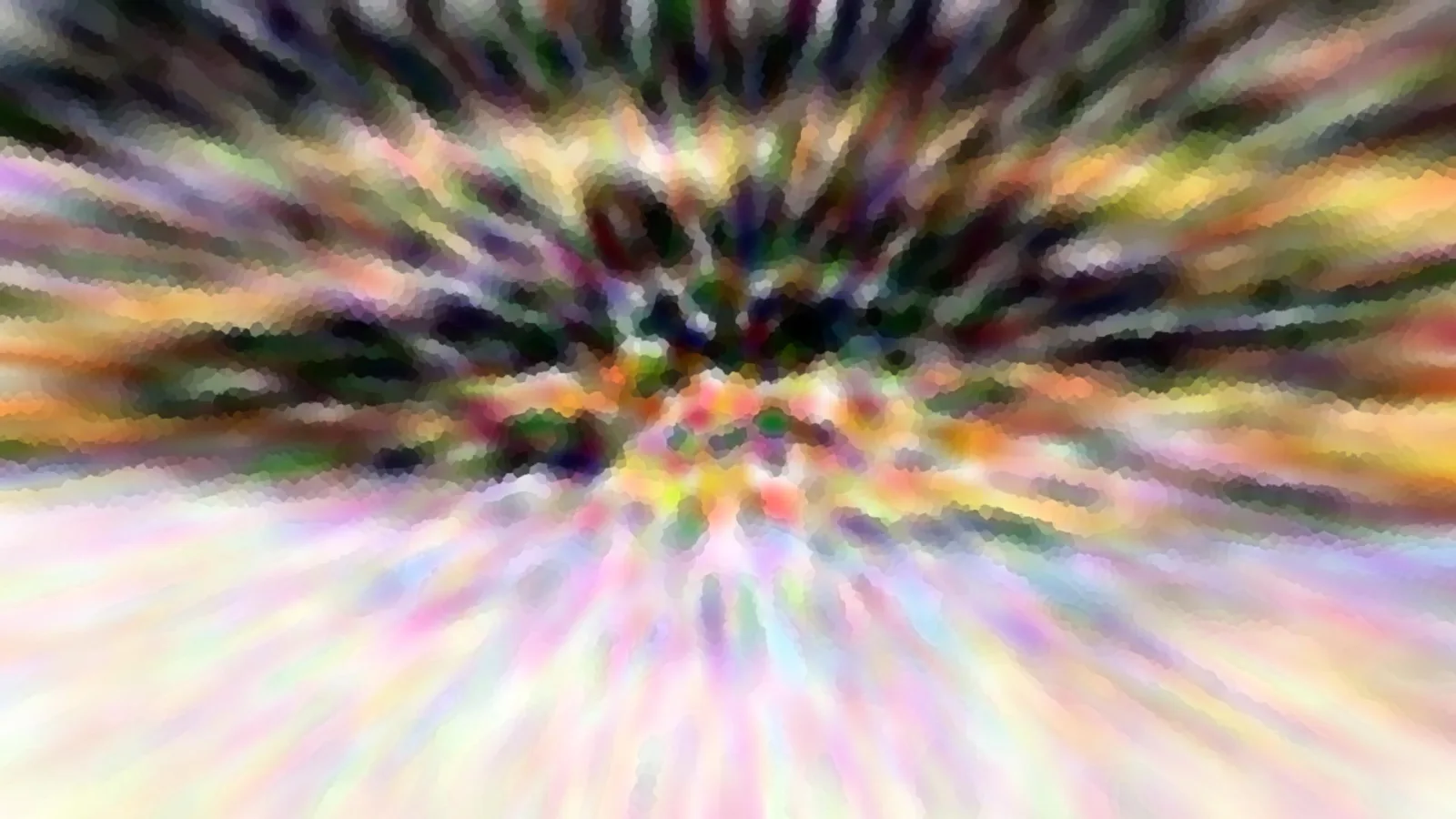 Abstrakte Komposition aus bunten Streifen, die von einem hellen Zentrum radial nach außen laufen, mosaikartig verpixelt.