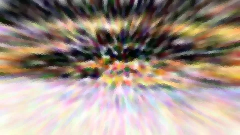 Abstrakte Komposition aus bunten Streifen, die von einem hellen Zentrum radial nach außen laufen, mosaikartig verpixelt.