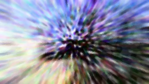 Abstrakte Komposition aus radial verlaufenden violetten, blauen und grünen Schlieren, die zu einer dunklen Mitte hin zusammenlaufen.