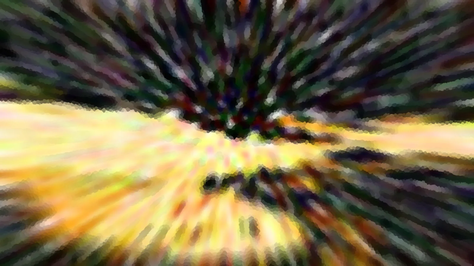 Abstrakte Komposition aus radial von einem dunklen Zentrum ausgehenden gelben, grünen und violetten Streifen mit grober Pixelstruktur.