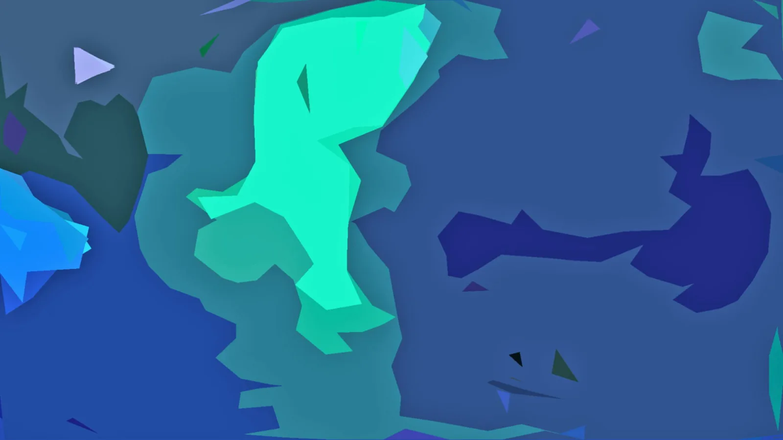 Abstrakte Komposition aus flachen blauen und türkisfarbenen Polygonen mit einem leuchtend mintgrünen Zentrum.