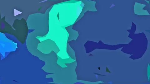 Abstrakte Komposition aus flachen blauen und türkisfarbenen Polygonen mit einem leuchtend mintgrünen Zentrum.