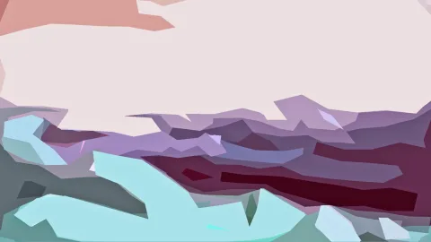 Abstrakte Landschaft aus flachen, pastellfarbenen Polygonen: helles Rosa im oberen Bereich, violette und weinrote Schichten in der Mitte, türkisfarbene Flächen im Vordergrund.