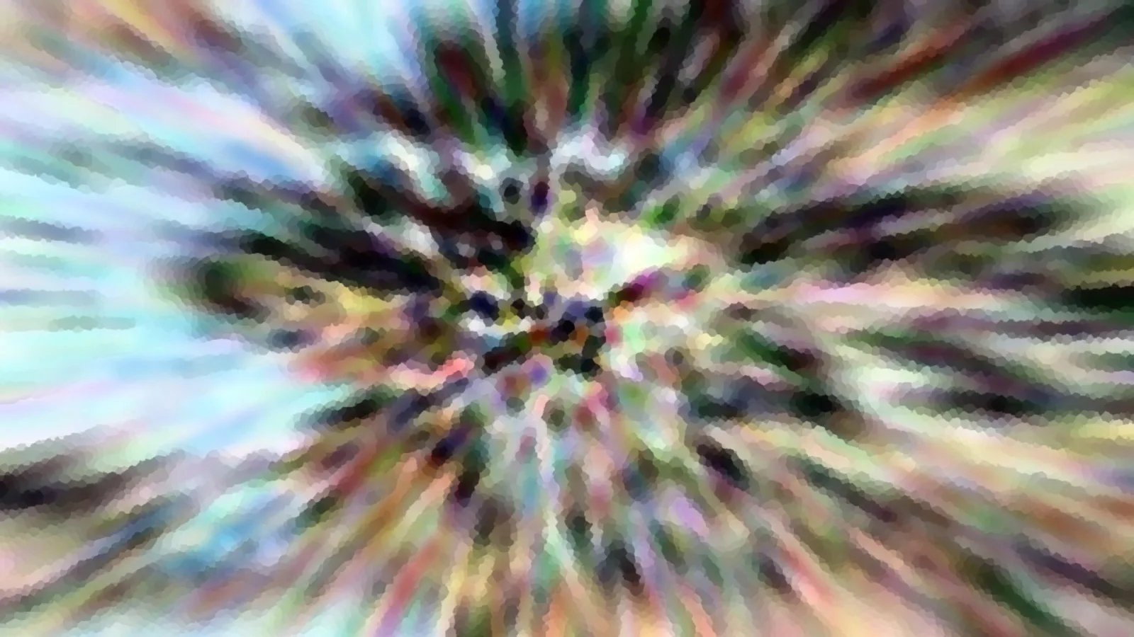 Abstraktes Bild mit radial von der Mitte nach außen laufenden, bunten Schlieren in Grün, Blau, Rosa und Weiß, grobkörnig gepixelt.