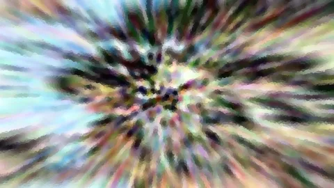 Abstraktes Bild mit radial von der Mitte nach außen laufenden, bunten Schlieren in Grün, Blau, Rosa und Weiß, grobkörnig gepixelt.