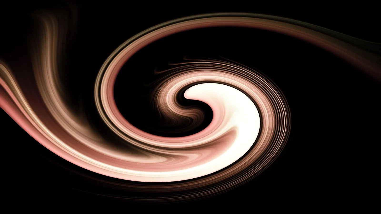 Abstrakter Strudel aus cremefarbenen und rosafarbenen Schlieren, die sich auf schwarzem Hintergrund spiralförmig um einen hellen Kern drehen.