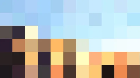 Mosaik aus quadratischen Pixelblöcken: oben hellblaue Felder, unten warme Braun-, Gelb- und Orangetöne.