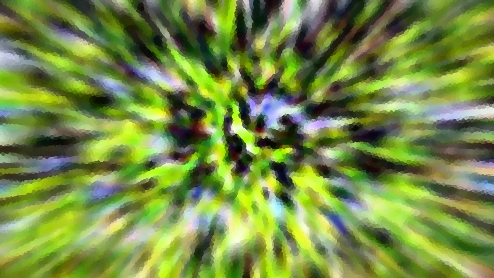 Abstrakte Komposition aus grünen, gelben und dunklen Schlieren, die radial von einer dunklen Mitte nach außen verlaufen.
