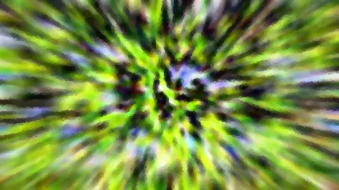 Abstrakte Komposition aus grünen, gelben und dunklen Schlieren, die radial von einer dunklen Mitte nach außen verlaufen.