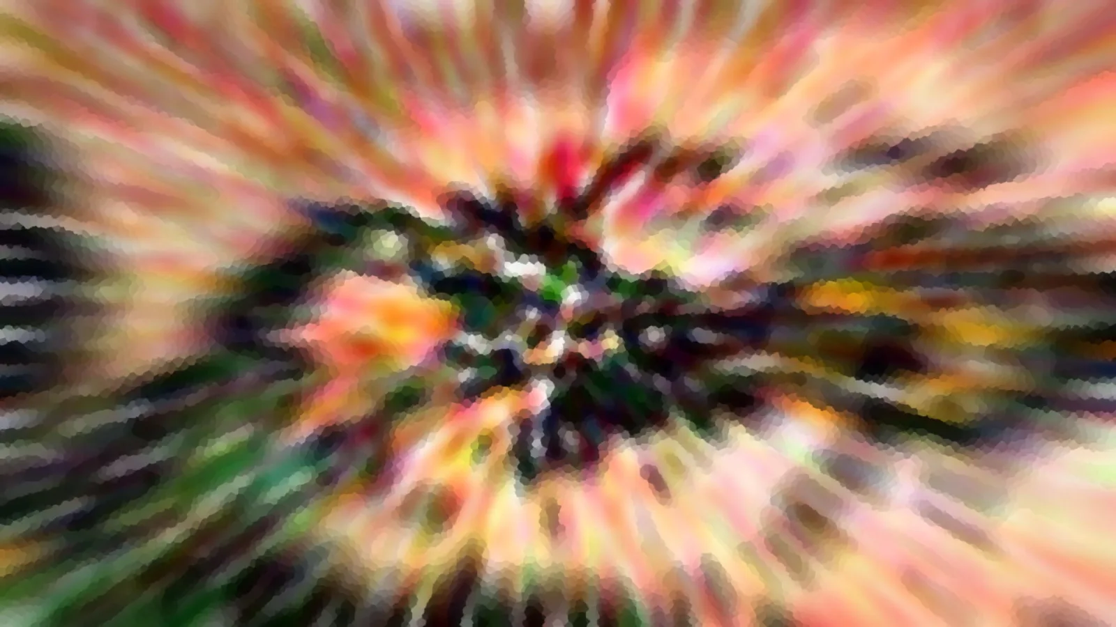 Radial verwischtes Bild mit warmen Orange-, Rot- und Grüntönen, im dunklen Zentrum sind Blätter oder Zweige erkennbar.