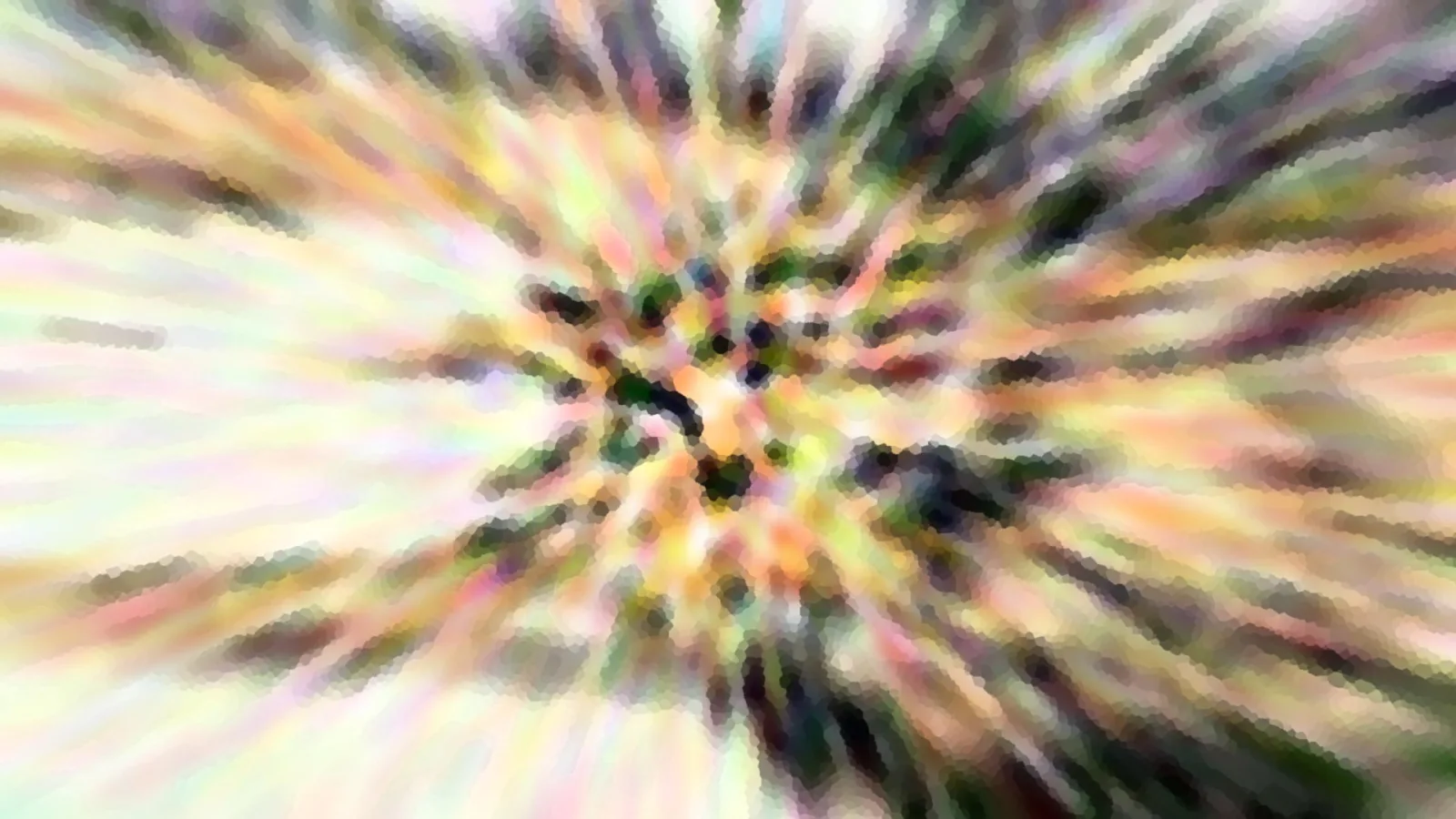 Abstrakte Komposition aus pastellfarbenen, radial nach außen laufenden Streifen mit dunklen grünen und schwarzen Flecken im Zentrum, stark verwischt und leicht pixelig.