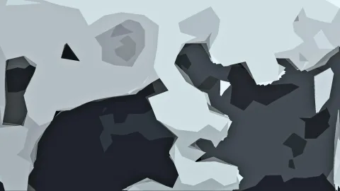 Abstrakte Komposition aus hellgrauen und anthrazitfarbenen polygonalen Flächen, die sich wie zerbrochenes Glas ineinanderschieben.