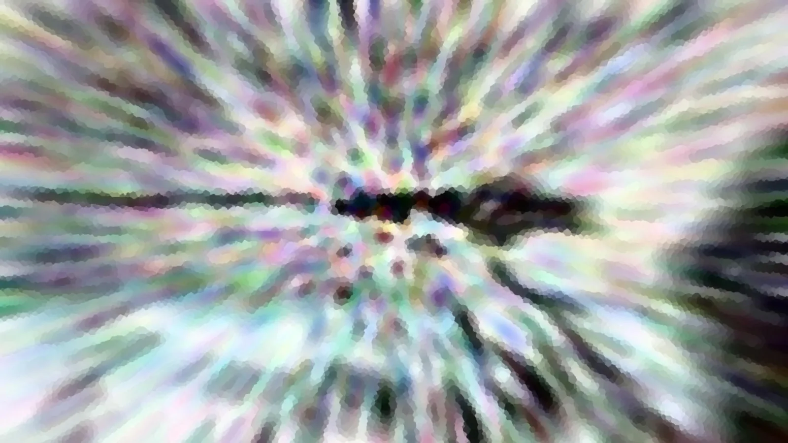 Radial verwischtes, pixeliges Farbbild mit vielen bunten Streifen, die von der Mitte nach außen laufen, und einem dunklen horizontalen Streifen im Zentrum.