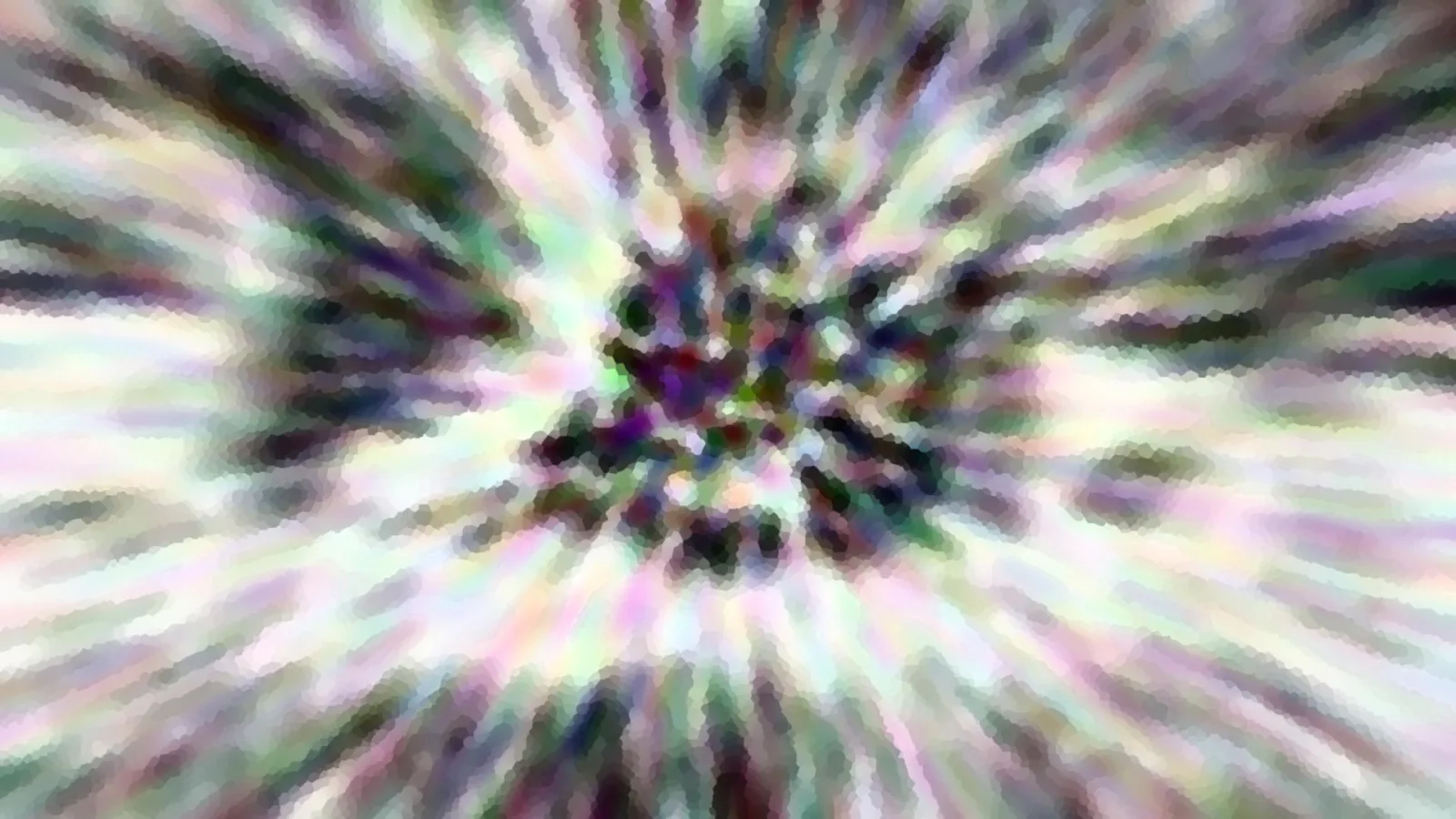 Abstrakte Komposition aus bunten, pixeligen Schlieren in Grün, Weiß und Violett, die von einem dunklen Zentrum radial nach außen strahlen.