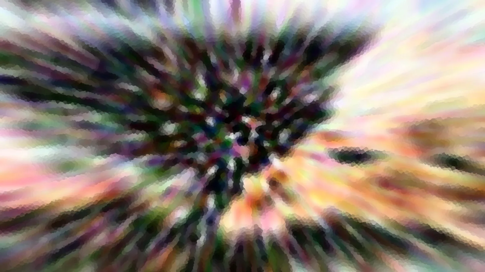 Abstrakte Komposition aus radial verwischten Farbstrahlen in Grün, Schwarz, Rosa und Gelb mit dunklem Zentrum