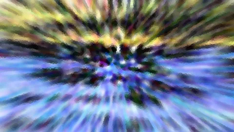 Abstrakte Radialunschärfe mit blauen, violetten und gelben Farbstrahlen, die von der Bildmitte nach außen laufen.