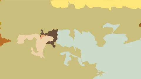 Abstrakte Komposition aus flachen, unregelmäßigen Farbflächen in Olivgrün, Gelb, Hellblau, Beige und Dunkelbraun auf einem olivfarbenen Grund.