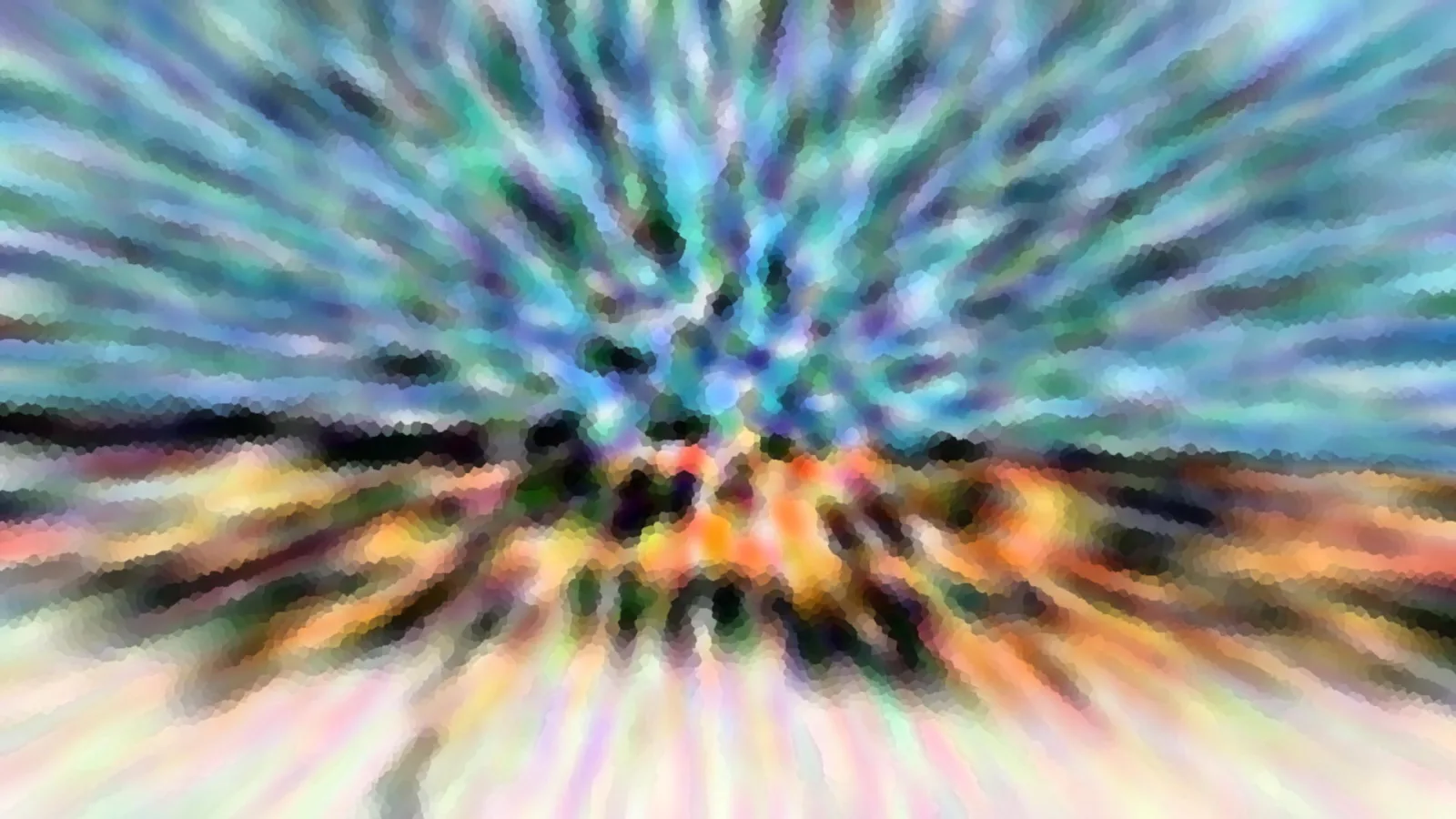 Abstrakte Komposition mit radialen Schlieren in Blau, Türkis, Gelb und Orange, die von einem Zentrum in der Bildmitte nach außen strahlen, darunter eine verschwommene Landschaft mit Horizont.