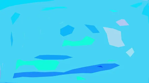 Abstraktes Bild mit unregelmäßigen Flächen in Hellblau, Türkis und Dunkelblau auf einem hellblauen Grund.
