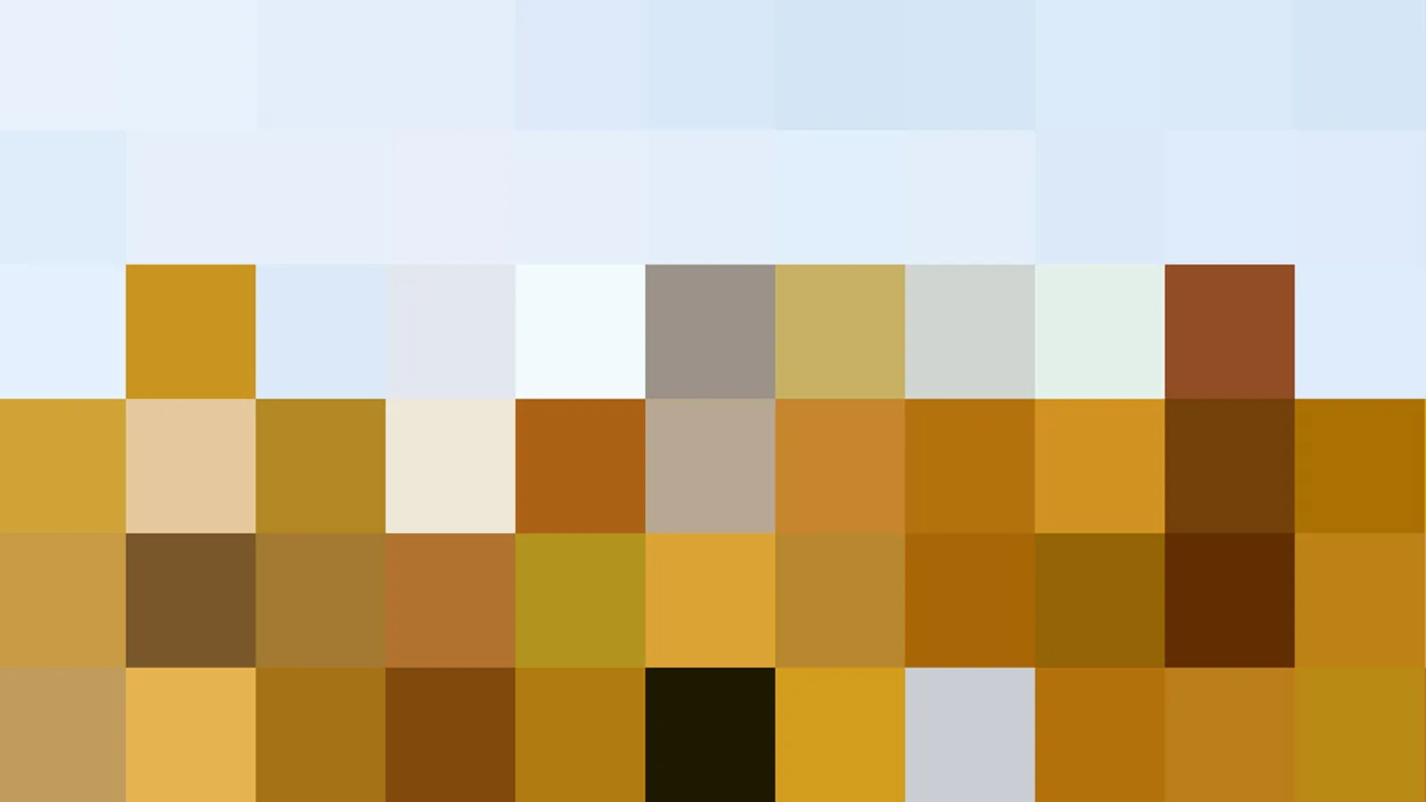 Mosaik aus quadratischen Farbfeldern: oben helle Blautöne, unten Gelb-, Ocker- und Brauntöne.