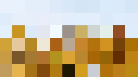 Mosaik aus quadratischen Farbfeldern: oben helle Blautöne, unten Gelb-, Ocker- und Brauntöne.