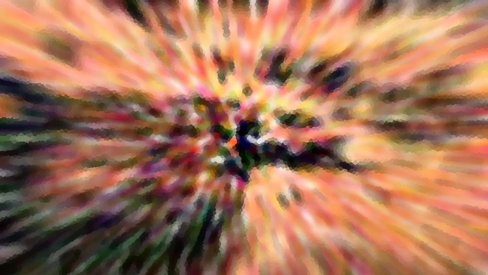 Abstrakte Komposition aus radial von einem dunklen Zentrum nach außen laufenden Streifen in Orange, Rosa, Gelb und Grün, mosaikartig verpixelt.