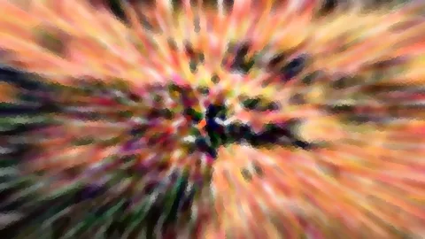 Abstrakte Komposition aus radial von einem dunklen Zentrum nach außen laufenden Streifen in Orange, Rosa, Gelb und Grün, mosaikartig verpixelt.