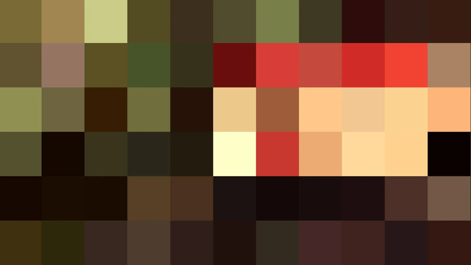 Mosaik aus rechteckigen Farbfeldern in Oliv, Braun, Beige und Rot, dicht gesetzt in sechs Reihen.