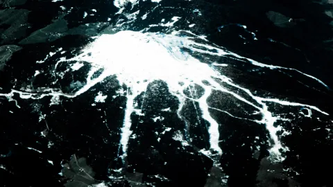 Luftaufnahme eines schneebedeckten Berges mit weißen Hängen und Schneisen zwischen dunklem Nadelwald